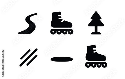 vector solid black filled icons rollerblading (park loop): path curve skate silhouette tree dot motion line shadow smear light rim.