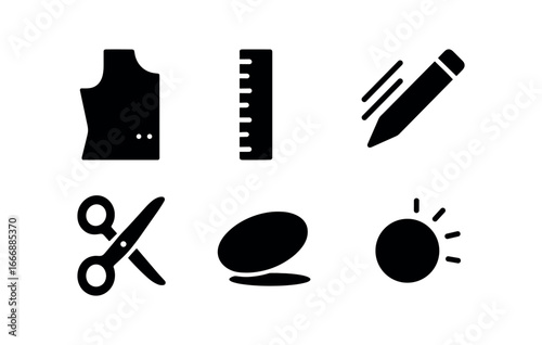 vector solid black filled icons costumer (pattern draft): pattern paper ruler edge pencil lines scissors icon shadow smear light rim.