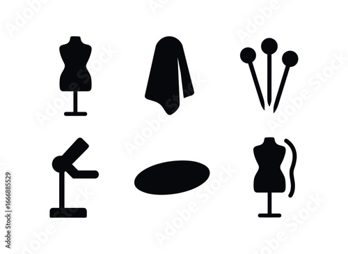 vector solid black filled icons costumer (mannequin drape): dress form fabric drape pin cluster clamp stand shadow smear light rim.