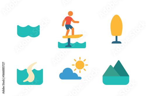 vector colorful flat filled icons hydrofoiling (lake): clear water standing rider foil board wake trail sunny day mountains.