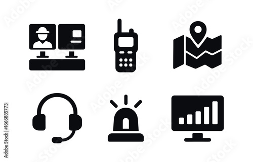 vector solid black filled icons immigration officer (control room): monitors radios maps headset lights charts.