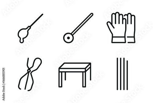vector outline icons glassblower (workbench): molten glass blowpipe gloves tongs marver table colored rods.