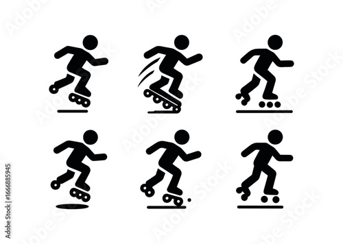 vector solid black filled icons rollerblading (speed jump): airborne skate motion arcs shadow smear highlight rim ground line light dots.