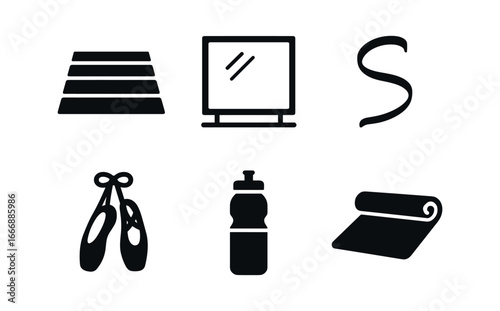 vector solid black filled icons ribbon dancing (studio practice): wooden floor mirror wall ribbon arc ballet shoes water bottle practice mat.