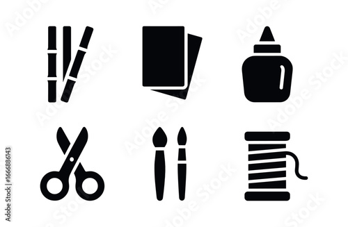 vector solid black filled icons lantern maker (tools): bamboo sticks paper sheets glue pot scissors brushes thread.