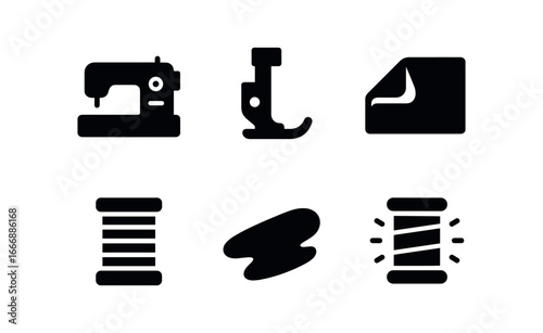 vector solid black filled icons costumer (sewing machine): machine outline presser foot fabric fold thread spool shadow smear light rim.