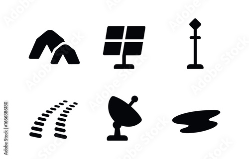 vector solid black filled icons salt flat (research station): tent cluster solar panel instrument mast rover tracks antenna dish shadow smear.