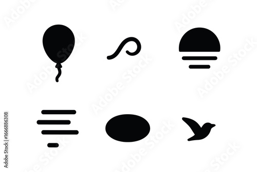 vector solid black filled icons hopefulness (rising balloon): balloon icon string curl sky gradient light haze shadow smear bird dot.
