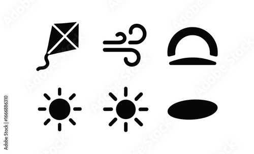 vector solid black filled icons hopefulness (soaring kite): kite shape string line wind swirl sky arc light rim shadow smear.