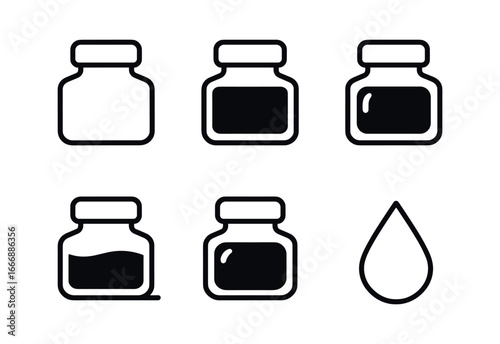 vector outline icons calligrapher (ink pot): pot outline ink fill lid edge shadow smear highlight rim drop icon.