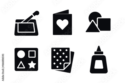 vector solid black filled icons paper cutter (creative): scrapbooking card making paper shapes stencils patterned paper glue.