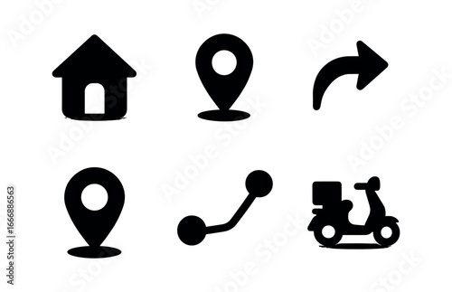 vector solid black filled icons delivery tracking map (customer pin): home icon map pin route arrow scooter dot shadow smear light rim.