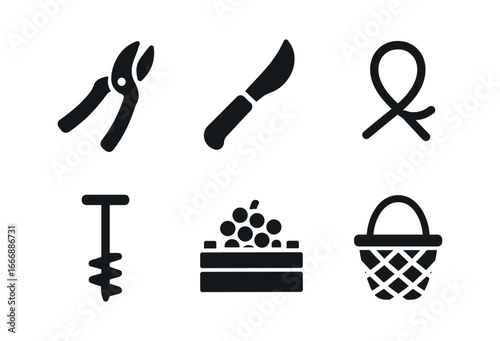 vector solid black filled icons winemaker (vineyard tools): pruning shear grape knife vine tie soil auger harvest crate picking basket.