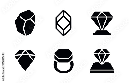 vector solid black filled icons gemologist (rough vs cut): crystal preform outline facet diagram polished gem bezel mount display pad.