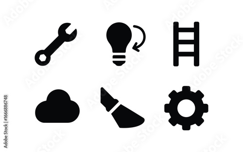 vector solid black filled icons lighthouse keeper (maintenance): wrench tool bulb replace ladder rung shadow smear highlight rim gear icon.