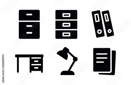 vector solid black filled icons filing cabinet (office): metal cabinet labels folders desk nearby lamp papers.