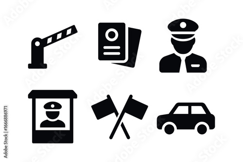 vector solid black filled icons immigration officer (checkpoint): barrier gate documents uniformed officer booths flags vehicles.