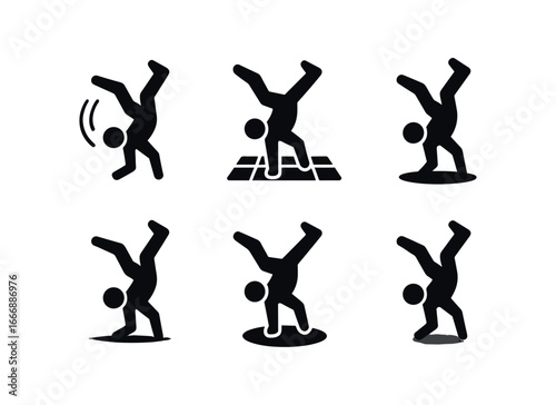vector solid black filled icons breakdancing (power move): windmill spin motion trails floor grid shadow smear light blur highlight rim.