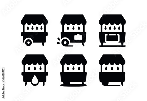 vector solid black filled icons rainy market (covered carts): tarp cover wheel splash vendor sign water drip shadow smear light highlight.