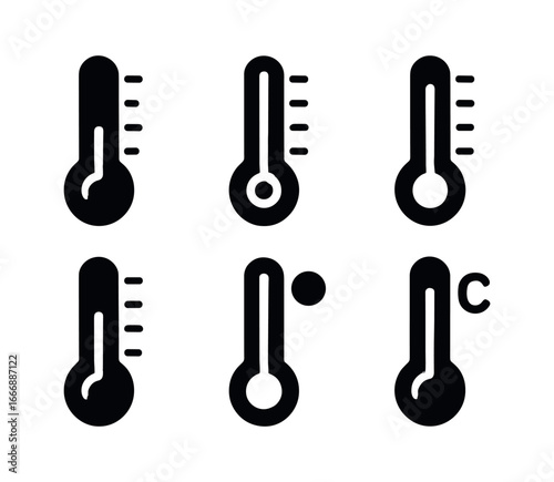 vector solid black filled icons meteorologist (thermometer): mercury column scale marks bulb tip Celsius icon shadow smear highlight rim.