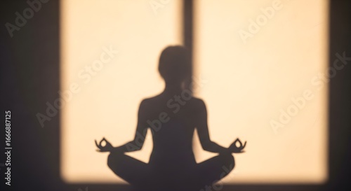 Silhouette of a person meditating in lotus position against a sunlit wall, promoting mindfulness, peace, and inner reflection.