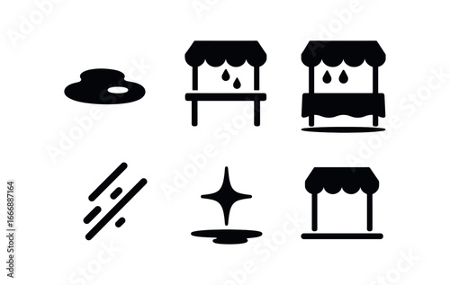 vector solid black filled icons rainy market (reflective floor): mirror puddle table legs canopy poles shadow smear light shimmer ground line.
