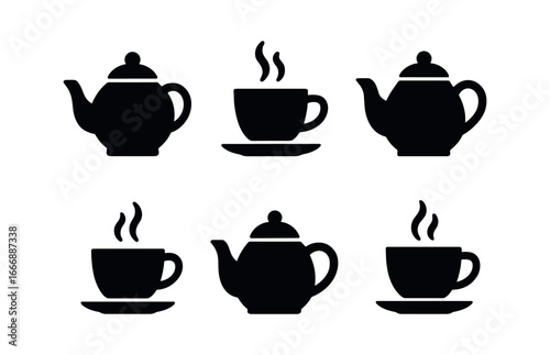 vector solid black filled icons tea pot and cup (classic set): teapot silhouette spout curve handle loop teacup rim saucer edge plume.