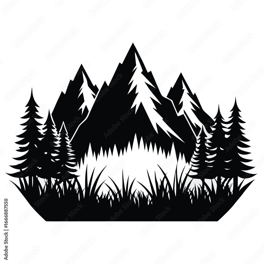 Obraz premium Black Silhouette of Mountains with Pine Trees and Grass Vector Illustration