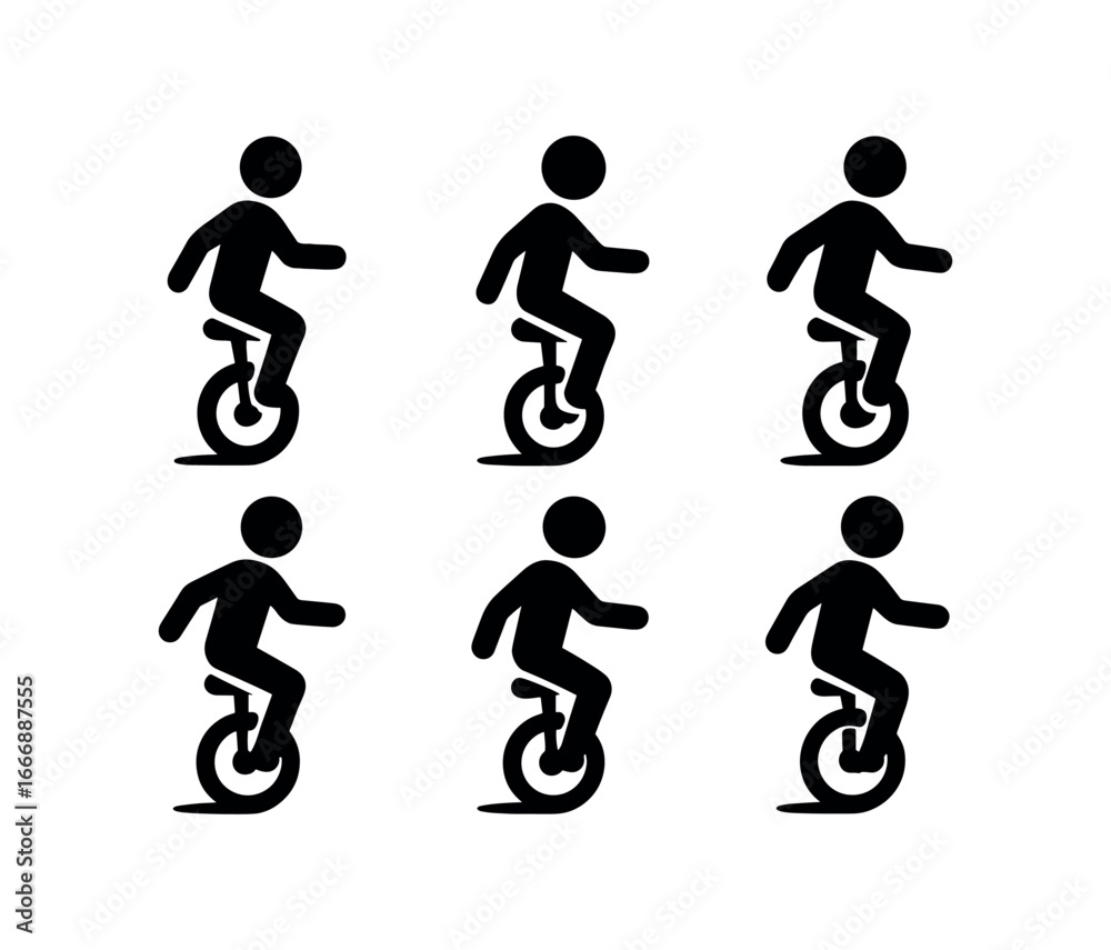 Naklejka premium vector solid black filled icons unicycling (balance pose): rider silhouette posture line seat shadow smear highlight rim light accent.