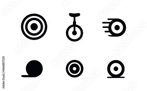 vector solid black filled icons unicycling (circles practice): concentric circles unicycle icon motion blur shadow smear highlight rim ground line.