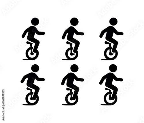 vector solid black filled icons unicycling (balance pose): rider silhouette posture line seat shadow smear highlight rim light accent.