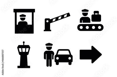 vector solid black filled icons customs officer (infrastructure): checkpoint booth security barrier conveyor belt control tower inspection lane exit sign.