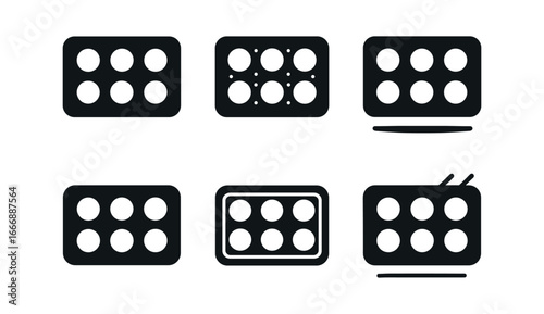 vector solid black filled icons baking tray with cookies (cookie layout): tray edge cookie circles spacing dots shadow smear light rim bake lines.