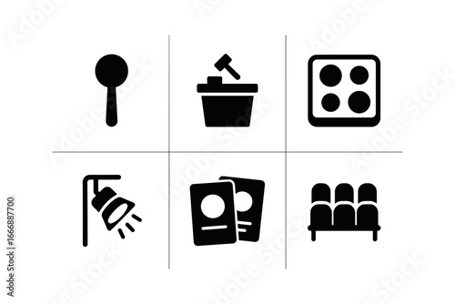 vector solid black filled icons numismatist (auction scene): bidding paddle auction table display tray spotlight numbered lots audience chairs.