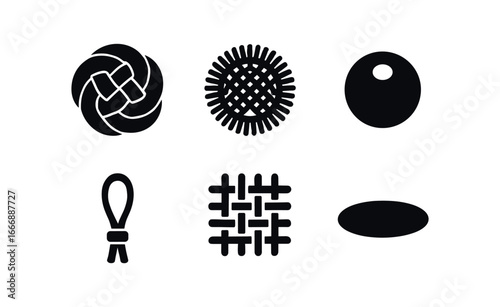 vector solid black filled icons macrame (coasters set): round knot fringe edge wooden bead pattern weave cord loop shadow smear.