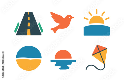 vector colorful flat filled icons freedom phase (symbols): open road flying bird sunrise empty field horizon kite.
