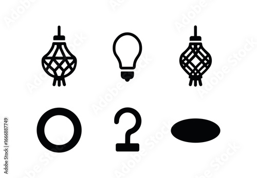 vector solid black filled icons macrame (hanging lamp): cord cradle bulb outline knot cage wooden ring ceiling hook shadow smear.