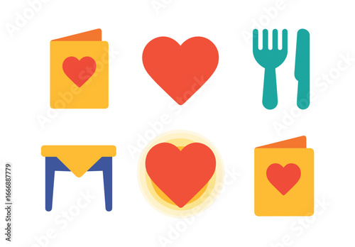 vector colorful filled icons romantic dinner (menu reveal): menu card heart icon fork knife table corner glow rim shadow.