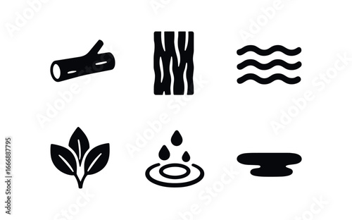 vector solid black filled icons creek (fallen branch): branch log bark texture water flow leaf cluster splash shadow.