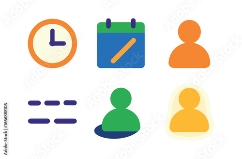 vector colorful filled icons relationship boundaries (time apart): clock face calendar cut solo silhouette dashed line shadow smear soft glow.