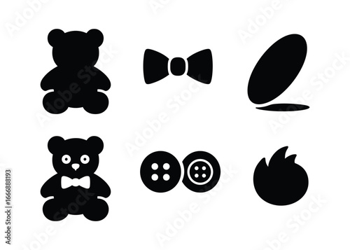 vector solid black filled icons Kindergarten age (teddy bear): bear silhouette bow tie shadow smear highlight rim button eyes fur tuft.