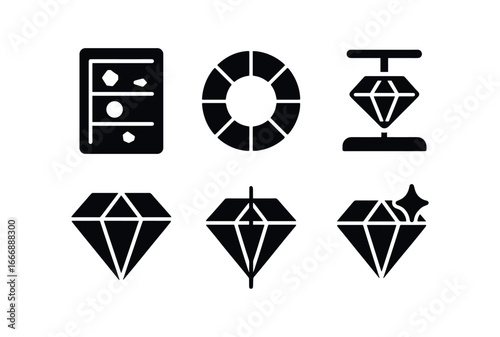 vector solid black filled icons gemologist (grading): clarity chart color wheel carat scale cut proportion symmetry icon polish indicator.