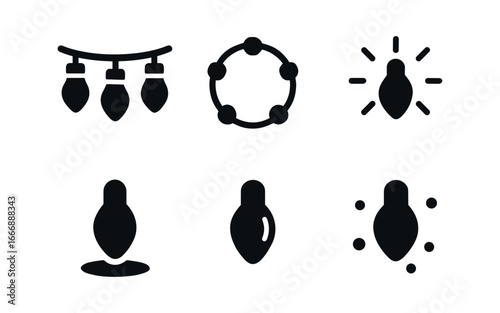 vector solid black filled icons evening festivity (string lights): bulb string wire loop glow halo shadow smear highlight rim light dots.