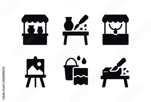 vector solid black filled icons local fair (craft booths): pottery stall wood carving table jewelry kiosk painting easel fabric dye station soap carving stand.
