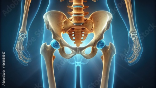 Detailed human skeleton pelvis and hip joints anatomy glowing with medical blue light