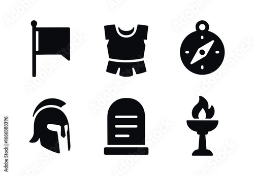 vector solid black filled icons courage (historic items): battle standard armor piece old compass warrior helmet stone tablet torch stand.