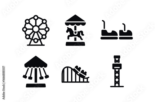 vector solid black filled icons local fair (rides): ferris wheel carousel horse bumper cars swing ride roller coaster drop tower.