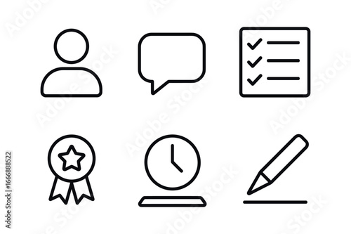 vector outline icons employee feedback form (manager review): user avatar comment bubble checklist approval badge timestamp dot pen tip.
