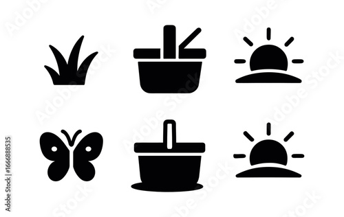 vector solid black filled icons picnic basket (field setting): grass tuft basket silhouette sun arc butterfly dot shadow smear light rim.
