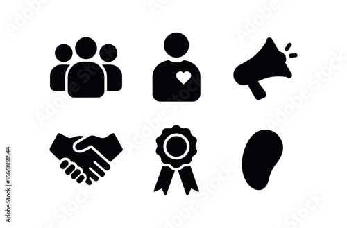 vector solid black filled icons established adulthood (community role): group silhouette volunteer icon megaphone handshake ribbon badge shadow smear.